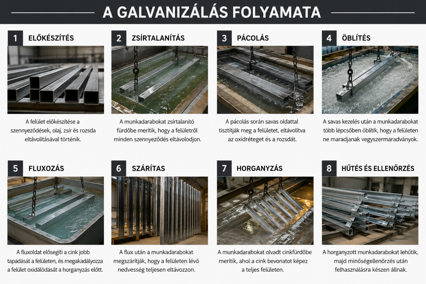 Acélszerkezet merítése a cinkfürdőbe a galvanizálás folyamata során egy ipari üzemben.